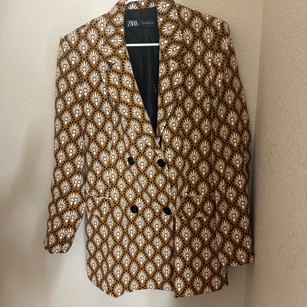 Zara 1970’s brown print blazer size large with padded shoulders double breasted